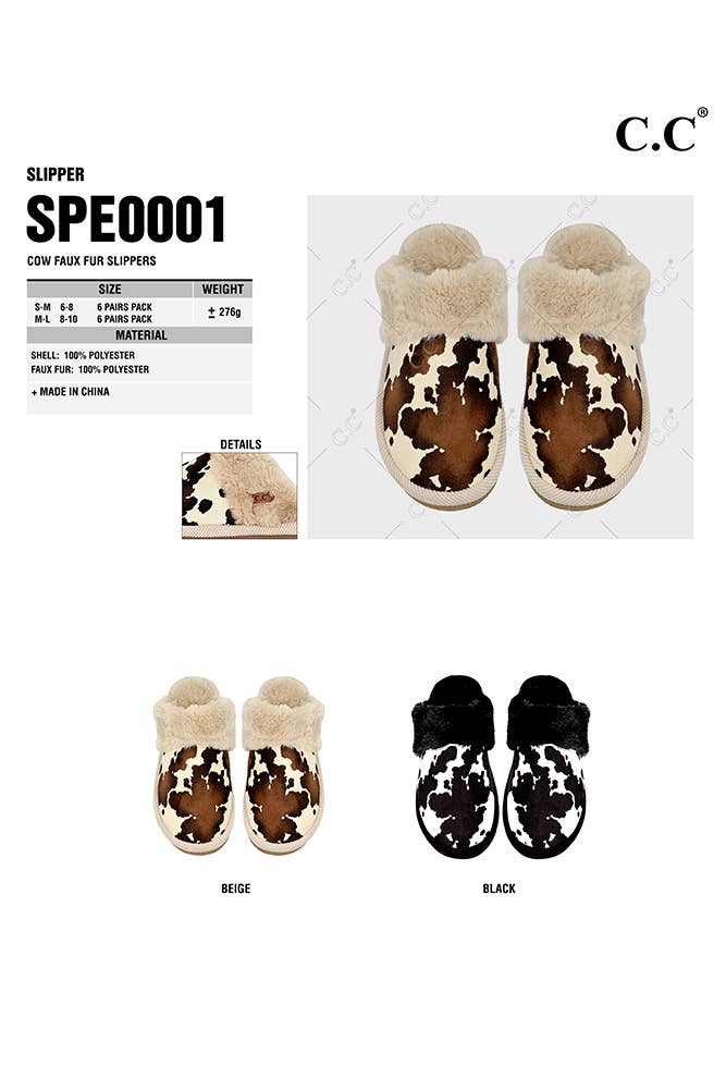 C.C Cow Faux Fur Cuff Winter Slippers