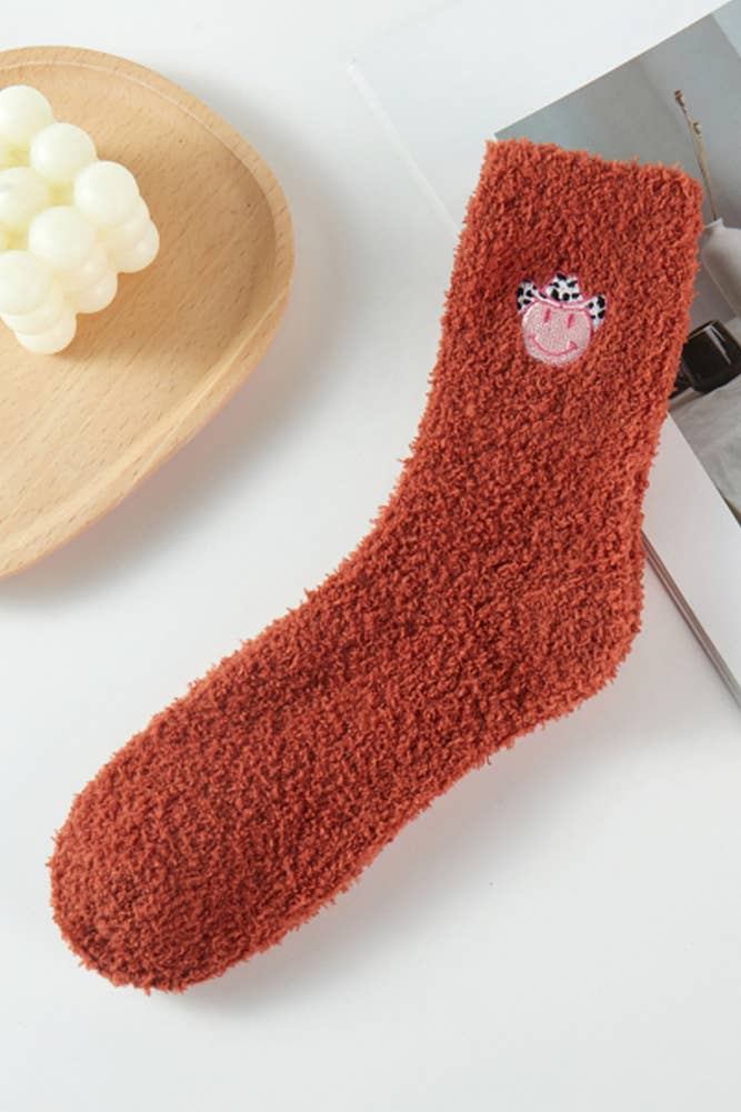 Cowboy Smiley Face Fuzzy Winter Socks