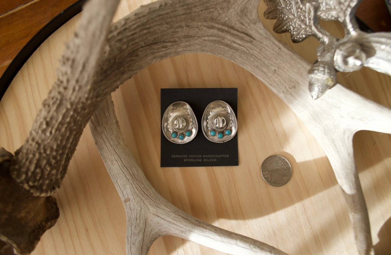 Sterling Silver and Turquoise Stamped Cowboy Hat Post Earrings