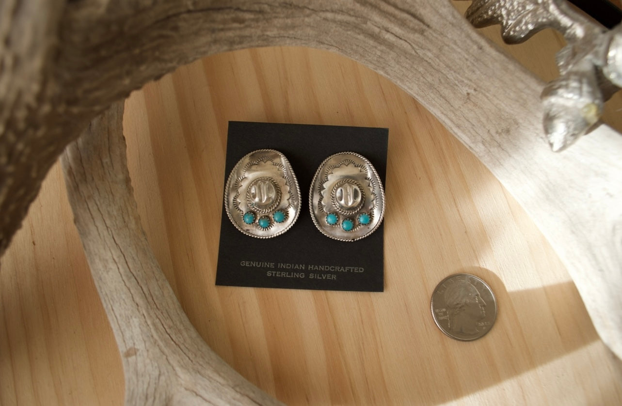 Sterling Silver and Turquoise Stamped Cowboy Hat Post Earrings