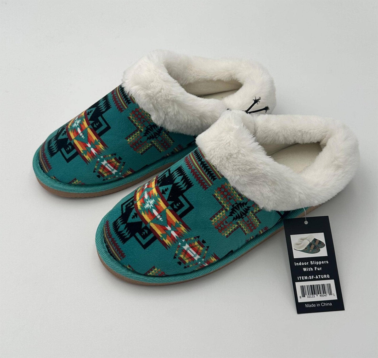 SF-ATURQ - Indoor Slippers With Fur Aztec Turquoise