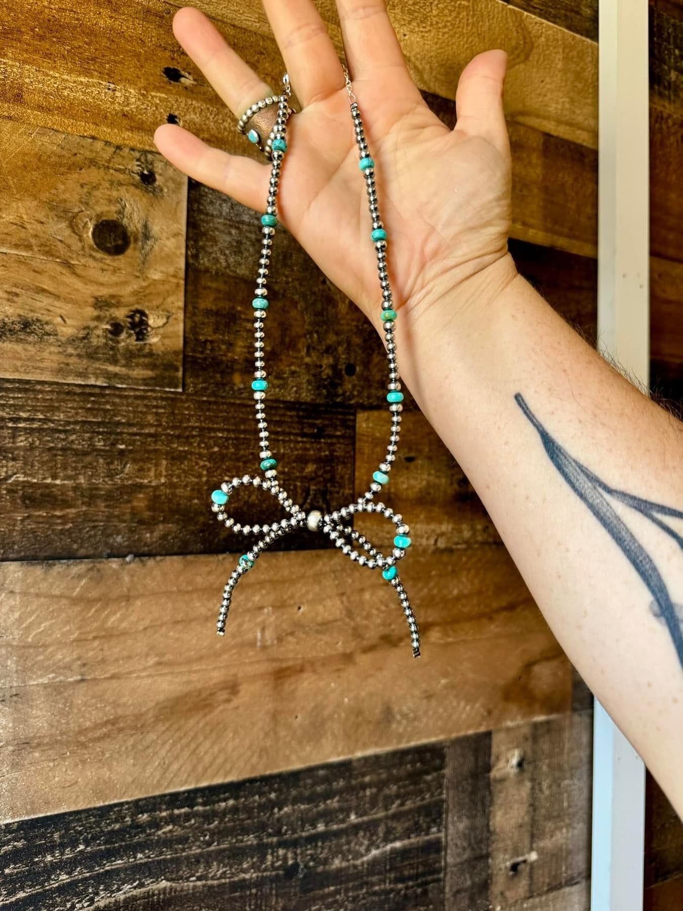 15” Turquoise and Silver Pearl Bow Necklace