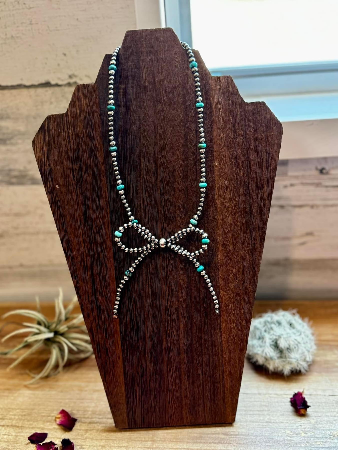 15” Turquoise and Silver Pearl Bow Necklace
