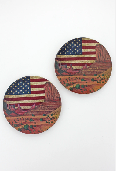 2 PIECE AMERICAN FLAG SOUTHWEST LANDSCAPE CAR COASTER SET