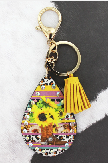 CRYSTAL TRIMMED WESTERN SUNFLOWER TEARDROP KEYCHAIN