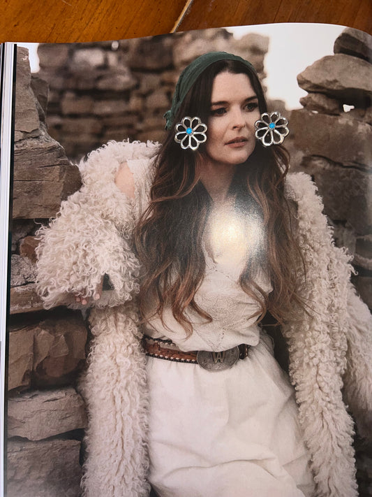 Zuni Sterling Silver Silver Flower Stud Earrings with Kingman Turquoise Center