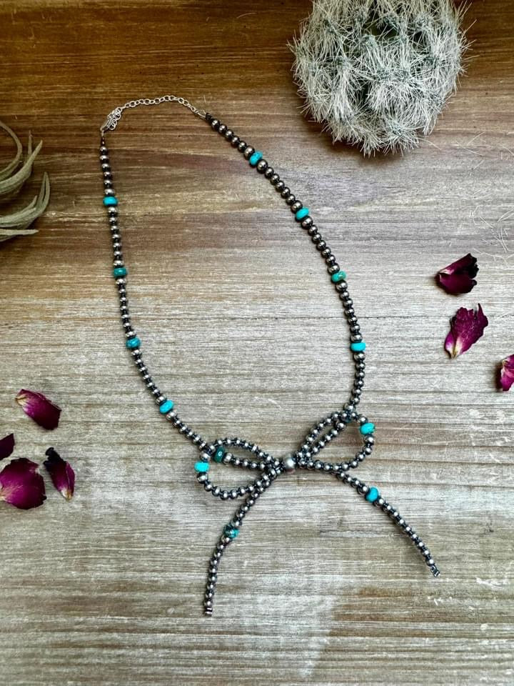 15” Turquoise and Silver Pearl Bow Necklace