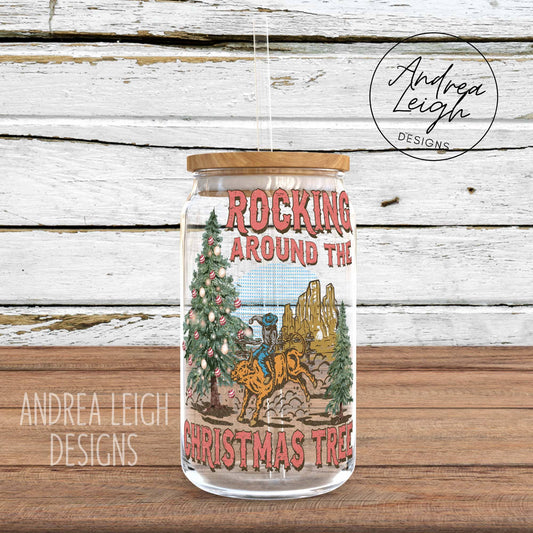 Western Rocking Around the Christmas Tree Glass Can