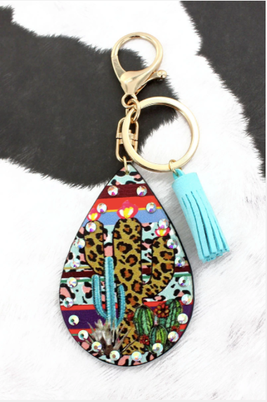 CRYSTAL TRIMMED LEOPARD CACTUS SERAPE TEARDROP KEYCHAIN