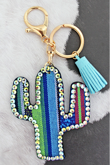 CRYSTAL TRIMMED BLUE SERAPE CACTUS KEYCHAIN