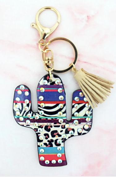 CRYSTAL TRIMMED ANIMAL PRINT CACTUS KEYCHAIN