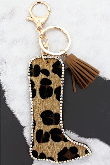 CRYSTAL TRIMMED LEOPARD COWBOY BOOT KEYCHAIN