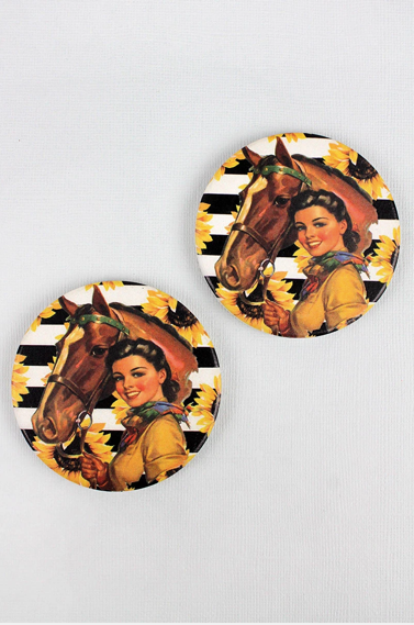 2 Piece Cowgirl Sunflower Stripe Car Coaster Set